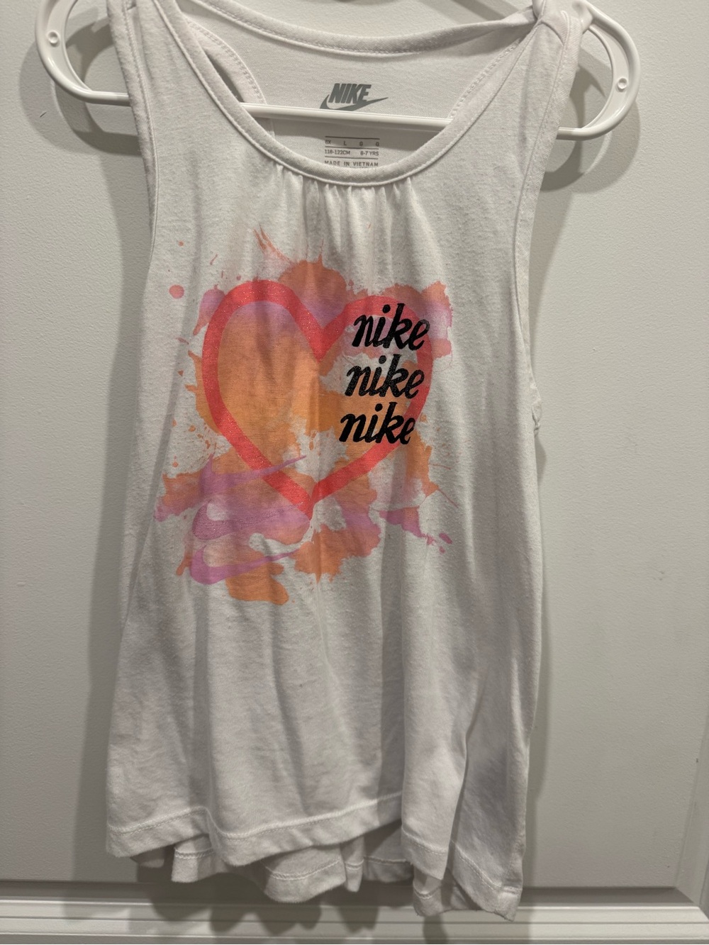 Nike White Tank Top with Pink and Orange Heart Graphic